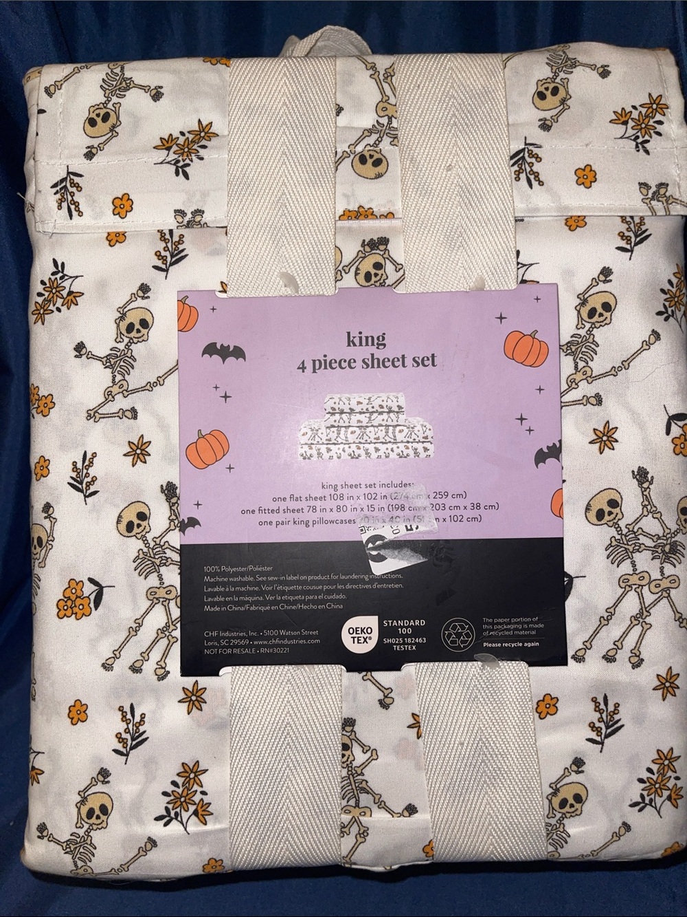 King 4-Piece Halloween Skeleton Sheet Set - Cream & Orange Floral Skulls